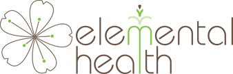 Elemental Health logo green and dark brown logo with a line drawing of flower petals